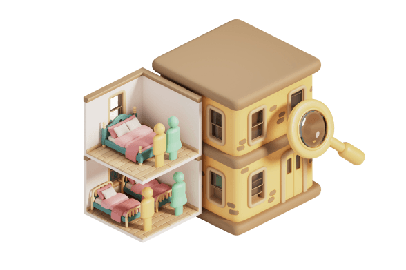 3D illustration of a house and magnifying glass representing real estate agencies